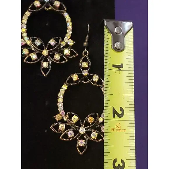 Ornate Bronze Tone Metal And Aurora Borealis Rhinestone Crystal Dangle Earrings - Picture 4 of 9